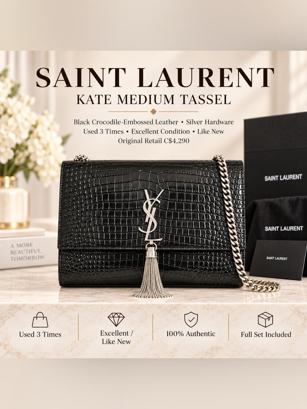 YSL Saint Laurent Kate Medium Tassel Croc Embossed Black Silver – Like New